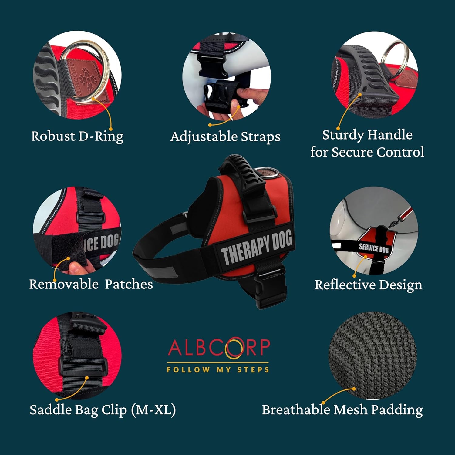 Reflective Therapy Dog Vest Harness, Woven Nylon, Adjustable Service Animal Jacket, with 2 Hook and Loop Therapy Dog Removable Patches. Red, Extra Small