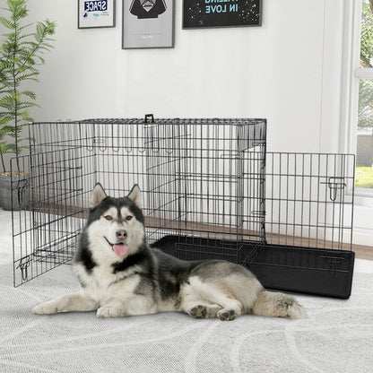 48-Inch Collapsible Metal Dog Crate with Dual Access Doors and Carry Handle, Suitable for Large and Medium Breeds, Includes Removable Plastic Tray, Black