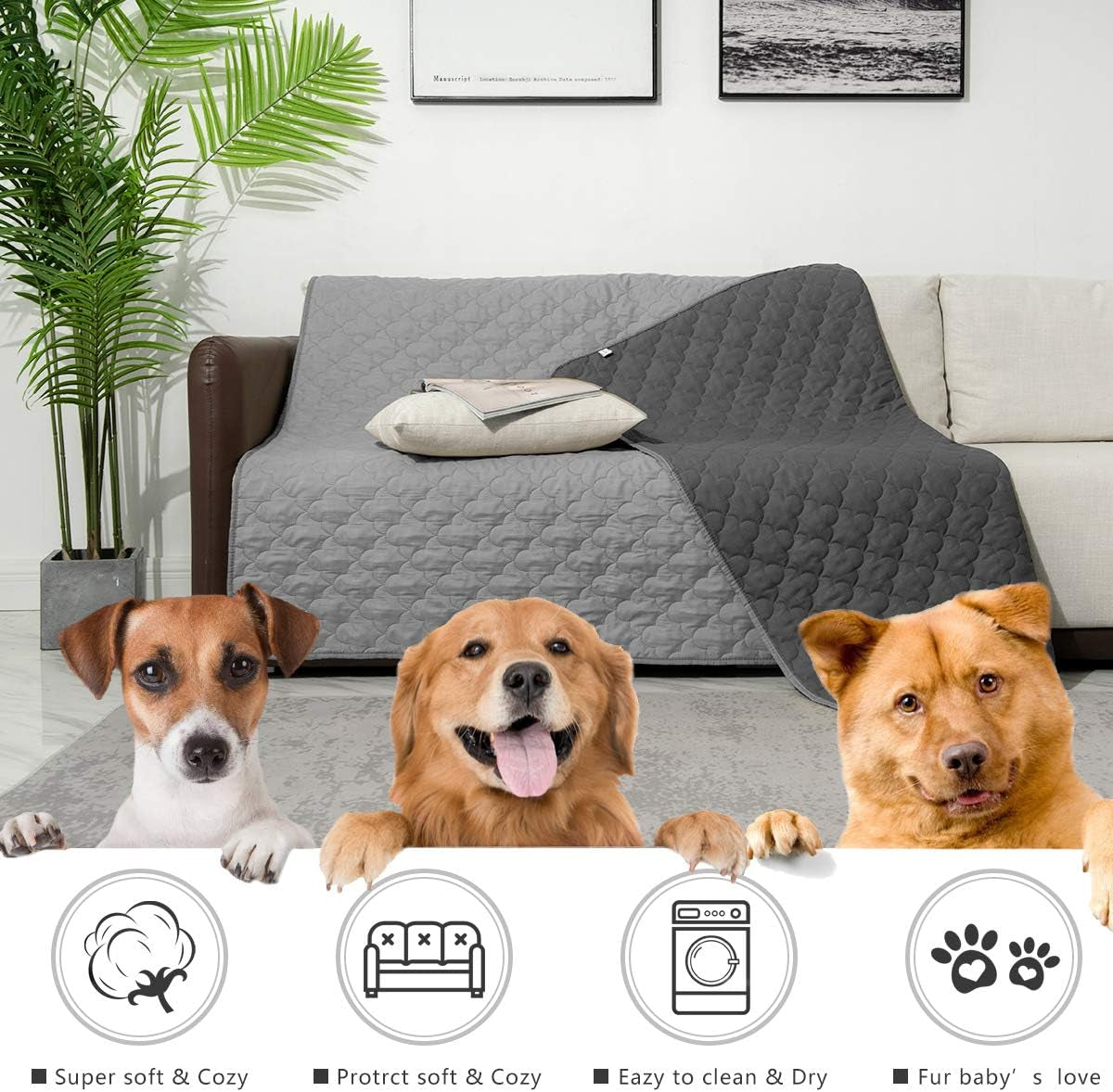 Dog Bed Cover Washable Pee Pads Dog Blankets for Puppy Large Dog Cat,Sofa Reversible Changing Pad Reusable 1 Piece（82"X82",Dark Grey+Grey）