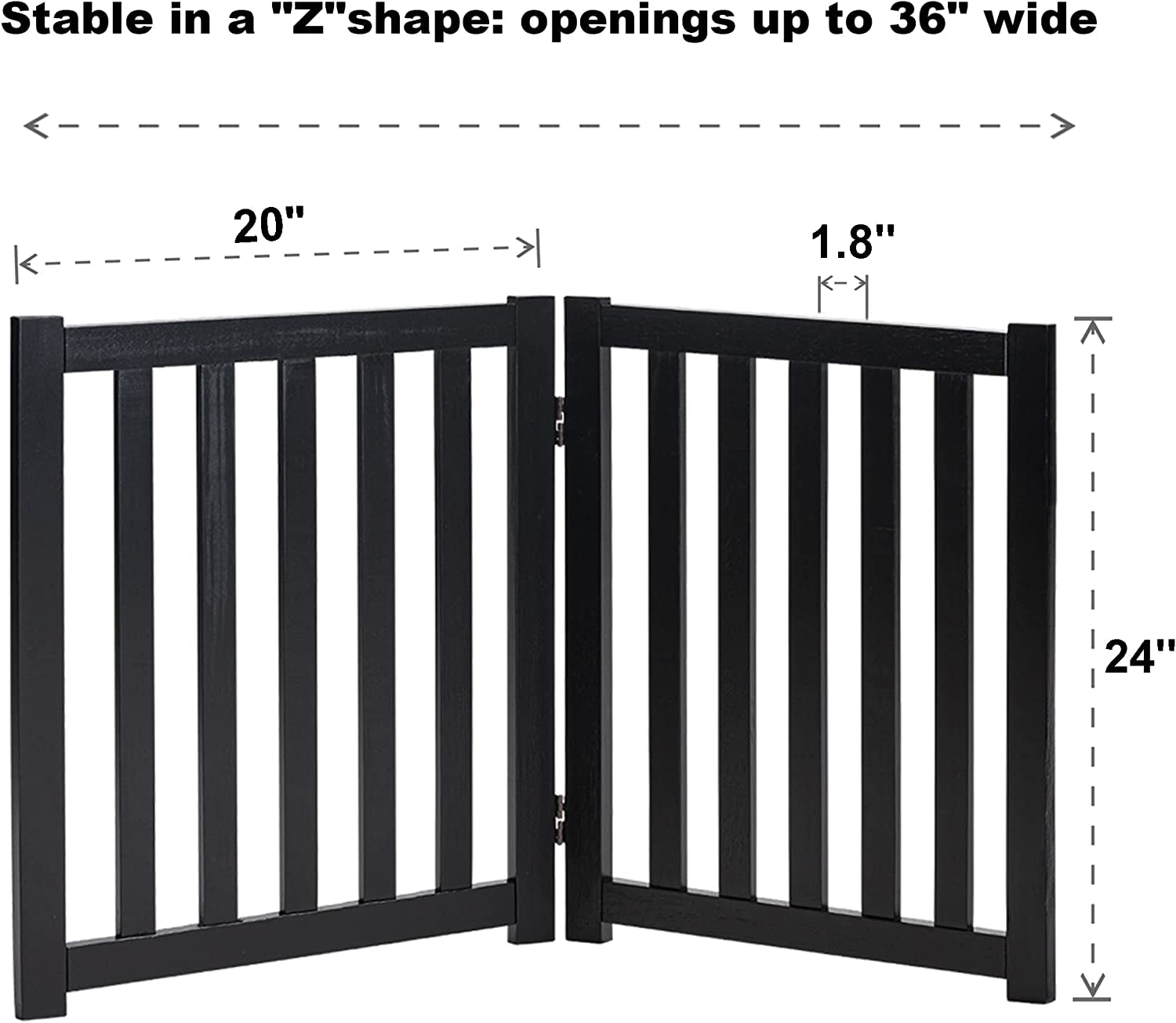 2-Panel Wooden Free Standing Foldable Dog Gate Indoor – Solid Hardwood 24" High, Step-Over Safety Pet Gate for Doorways, Stairs & Small Spaces - Indoor Use, Black
