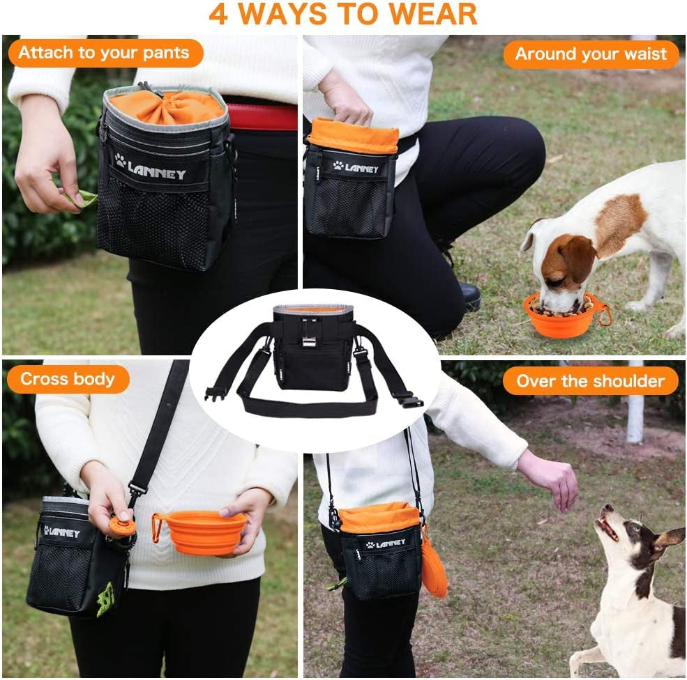Professional Dog Training Treat Pouch with Metal Clip and Adjustable Shoulder Strap - Versatile Tote for Treats, Toys, and Waste Bags in Black and Orange