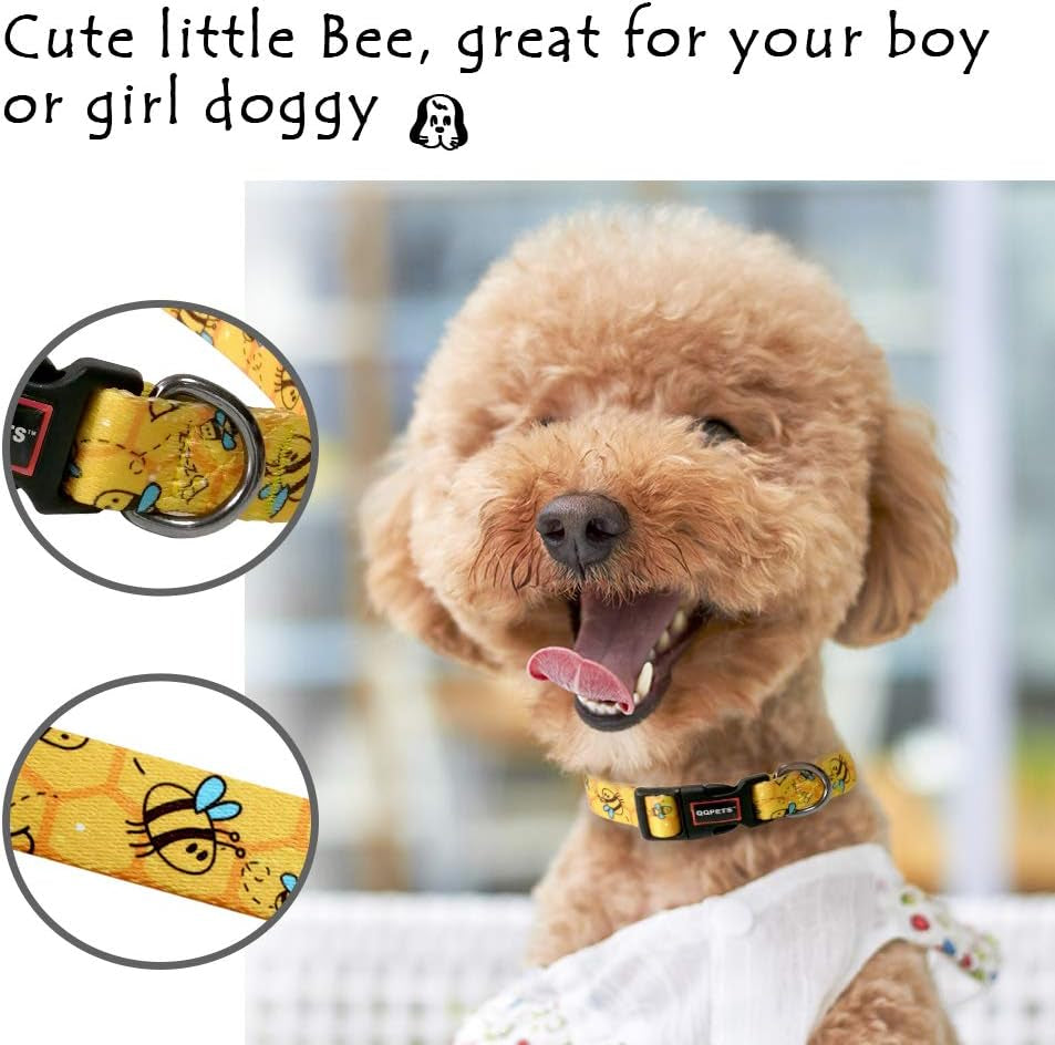 Adjustable Soft Dog Collar: Print Flower Pink Multicolor Cute Patterns for XS Small Medium Large Pet Girl Boy Puppy Walking Running Training (M, Yellow Bee)