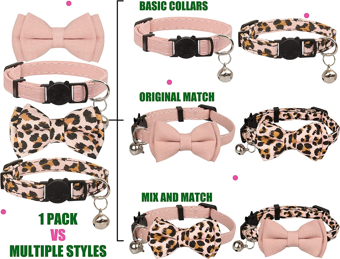 Collar for Cat Pet Breakaway with Bell Bowtie Detachable Bow Adjustable Safety Kitten Puppy Girl Boy 2Pcs Pink Leopard & Pure