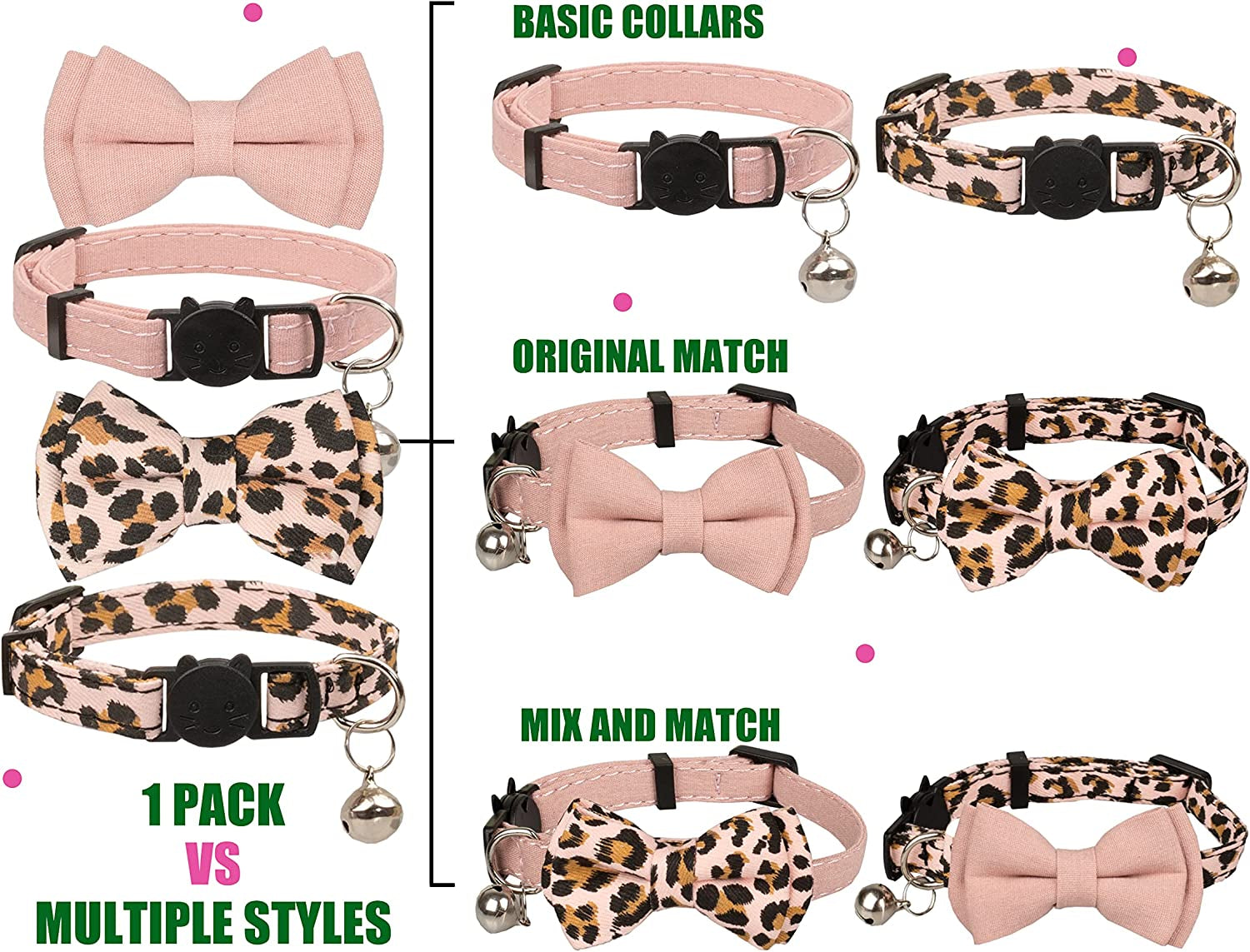 Collar for Cat Pet Breakaway with Bell Bowtie Detachable Bow Adjustable Safety Kitten Puppy Girl Boy 2Pcs Pink Leopard & Pure