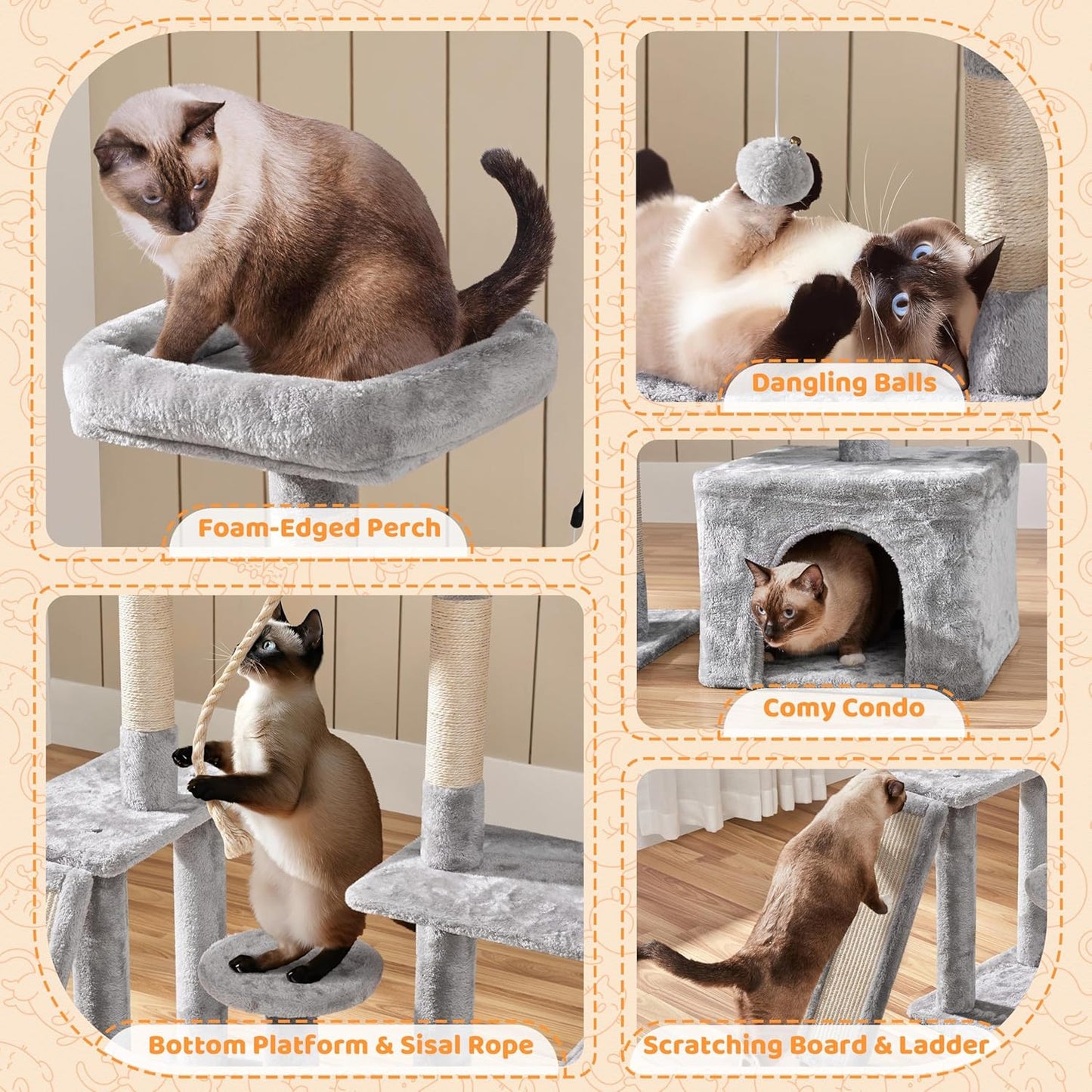 53.5-Inch Cat Tree with Sisal Scratching Posts, Condo, Perches, and Wide Platform for Indoor Kittens and Adult Cats in Light Gray