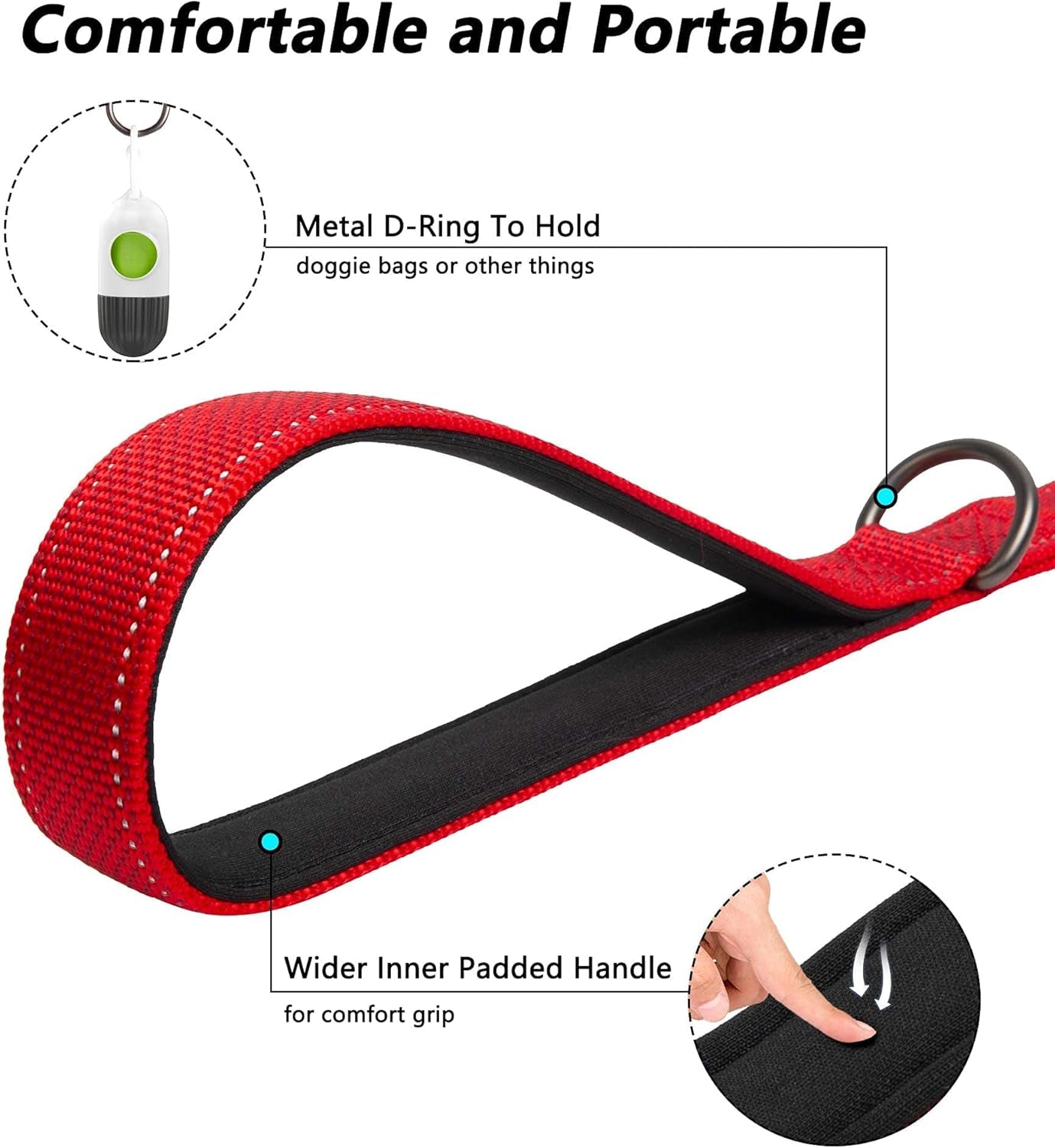 4FT Heavy-Duty Dog Leash with Padded Dual Handles, Durable Clasp, and Reflective Nylon for All Breeds - Red