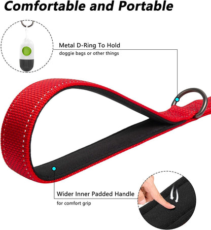 4FT Heavy-Duty Dog Leash with Padded Dual Handles, Durable Clasp, and Reflective Nylon for All Breeds - Red