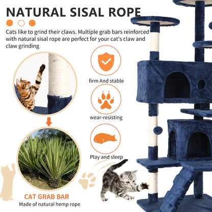 54-Inch Double Condo Cat Tree Tower with Scratching Post and Perch for Indoor Use in Navy Blue