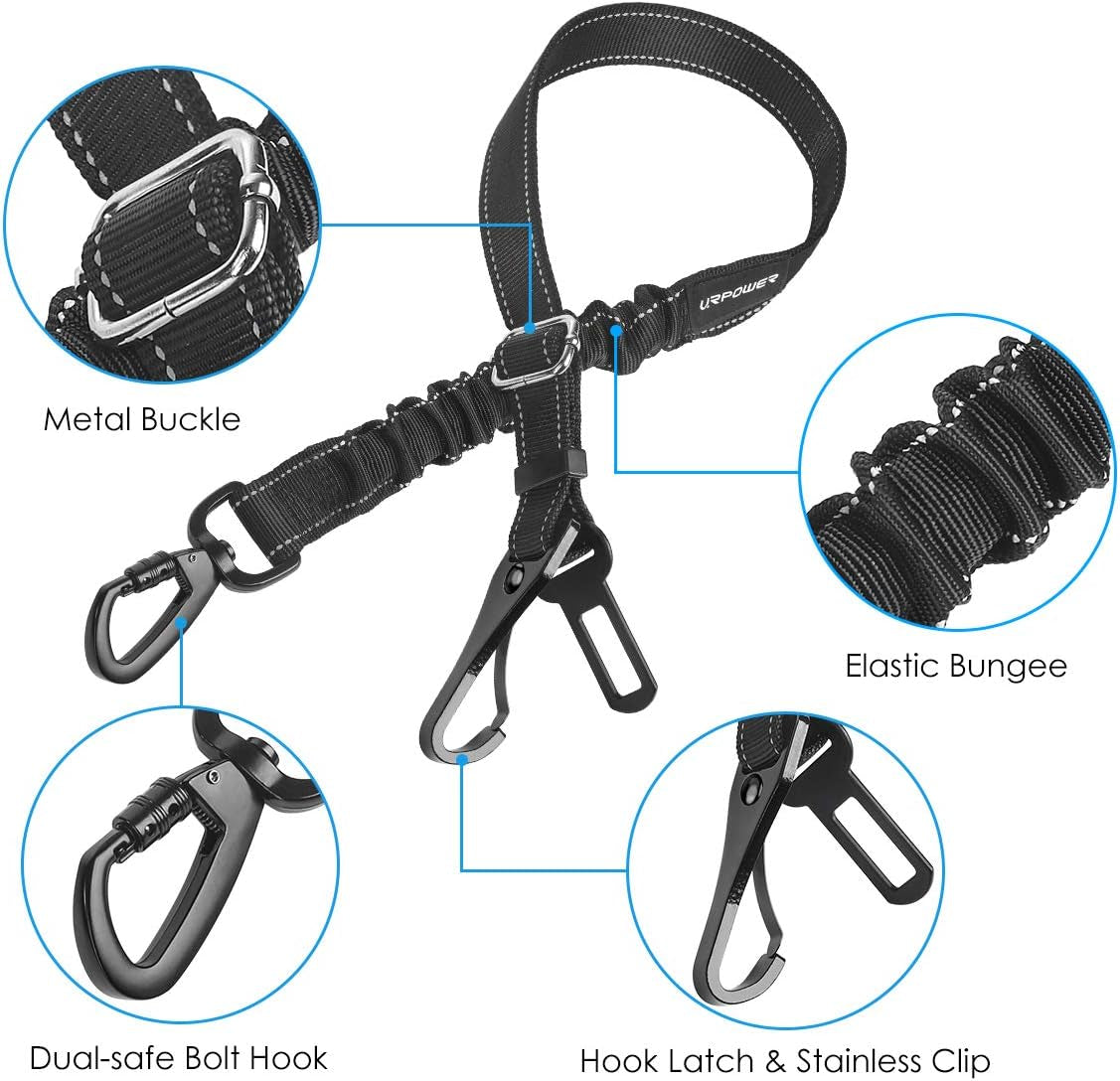 3-In-1 Dog Seat Belt for Car, 2 Pack Adjustable Bungee Dog Car Harness with Seatbelt Buckle & Latch Hook, Reflective & 360° Swivel Heavy Duty Pet Safety Belts for Dogs and Cats