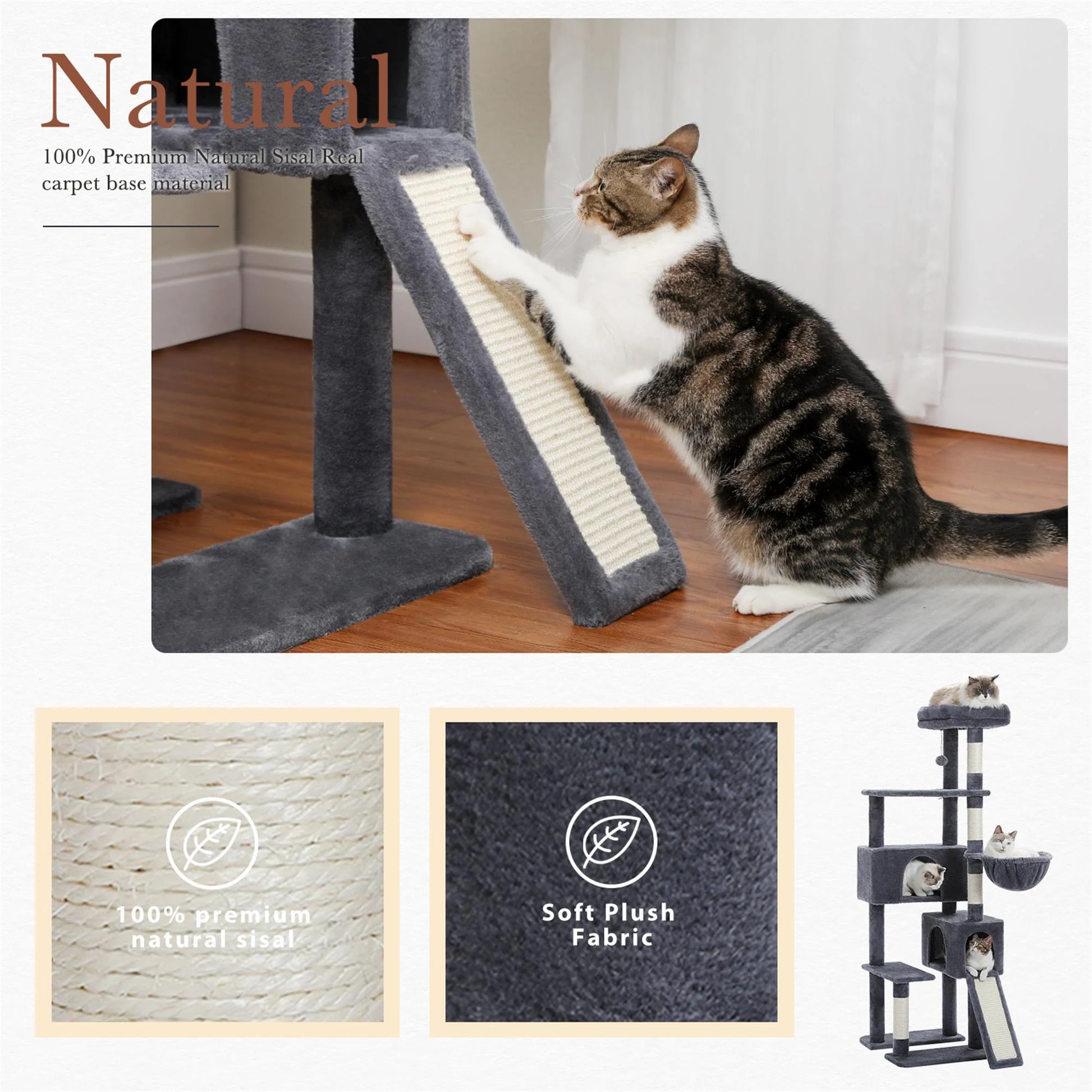 61-Inch Indoor Cat Tree Tower with Platform and Scratching Posts, Gray Cat Condo and House