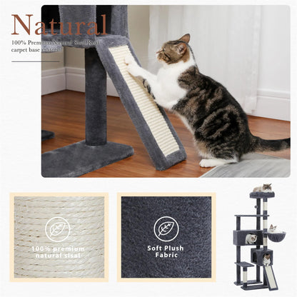 61-Inch Indoor Cat Tree Tower with Platform and Scratching Posts, Gray Cat Condo and House