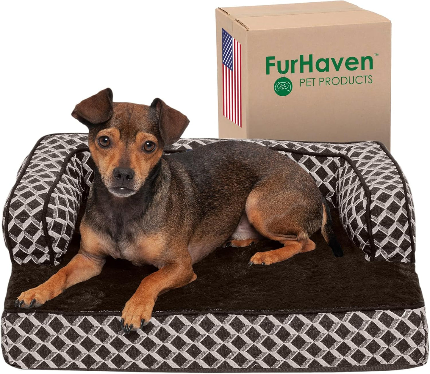 Orthopedic Dog Bed for Small Dogs W/ Removable Bolsters & Washable Cover, for Dogs up to 20 Lbs - Plush & Woven Decor Comfy Couch Sofa - Diamond Brown, Small