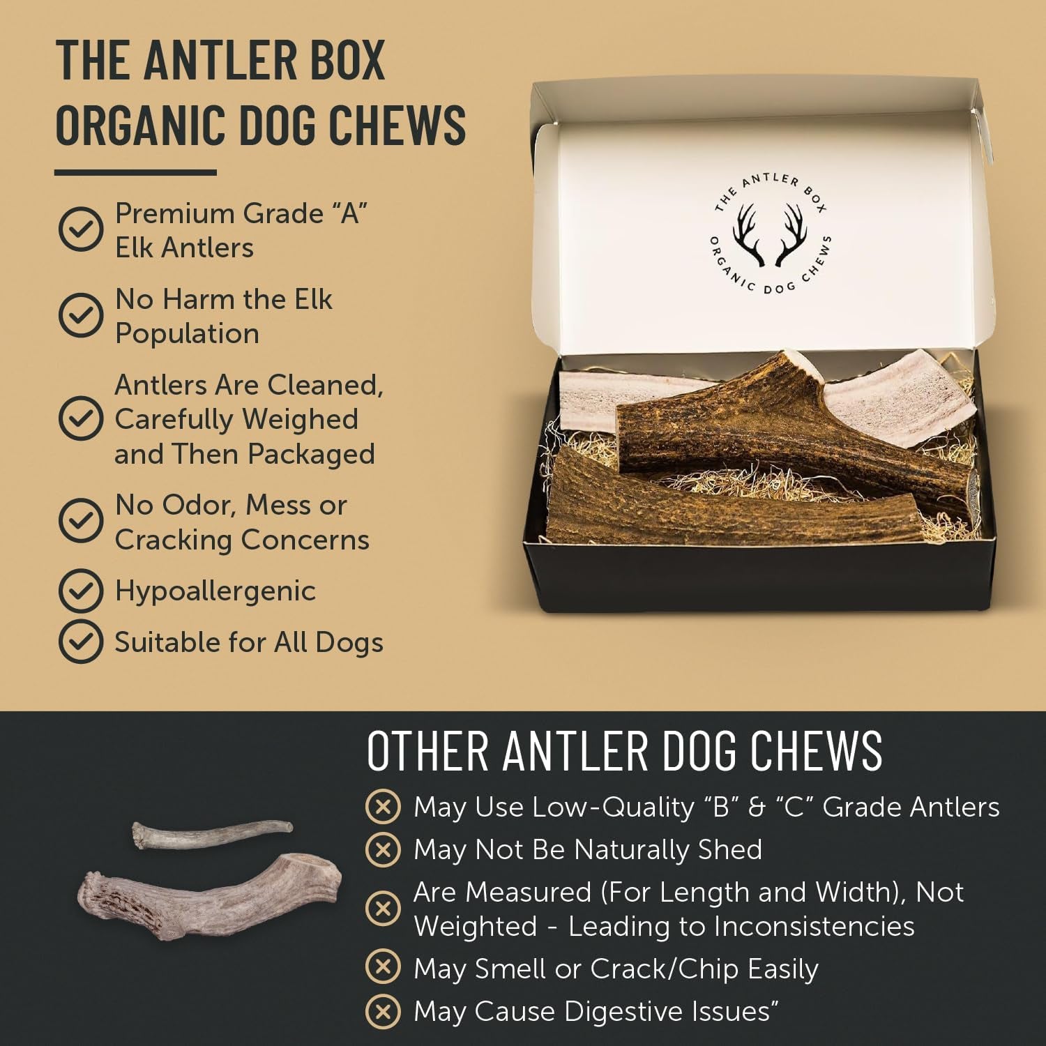 Premium Assorted Elk Antler Dog Chews - 1 lb Box with 7-8 Whole and Split Pieces