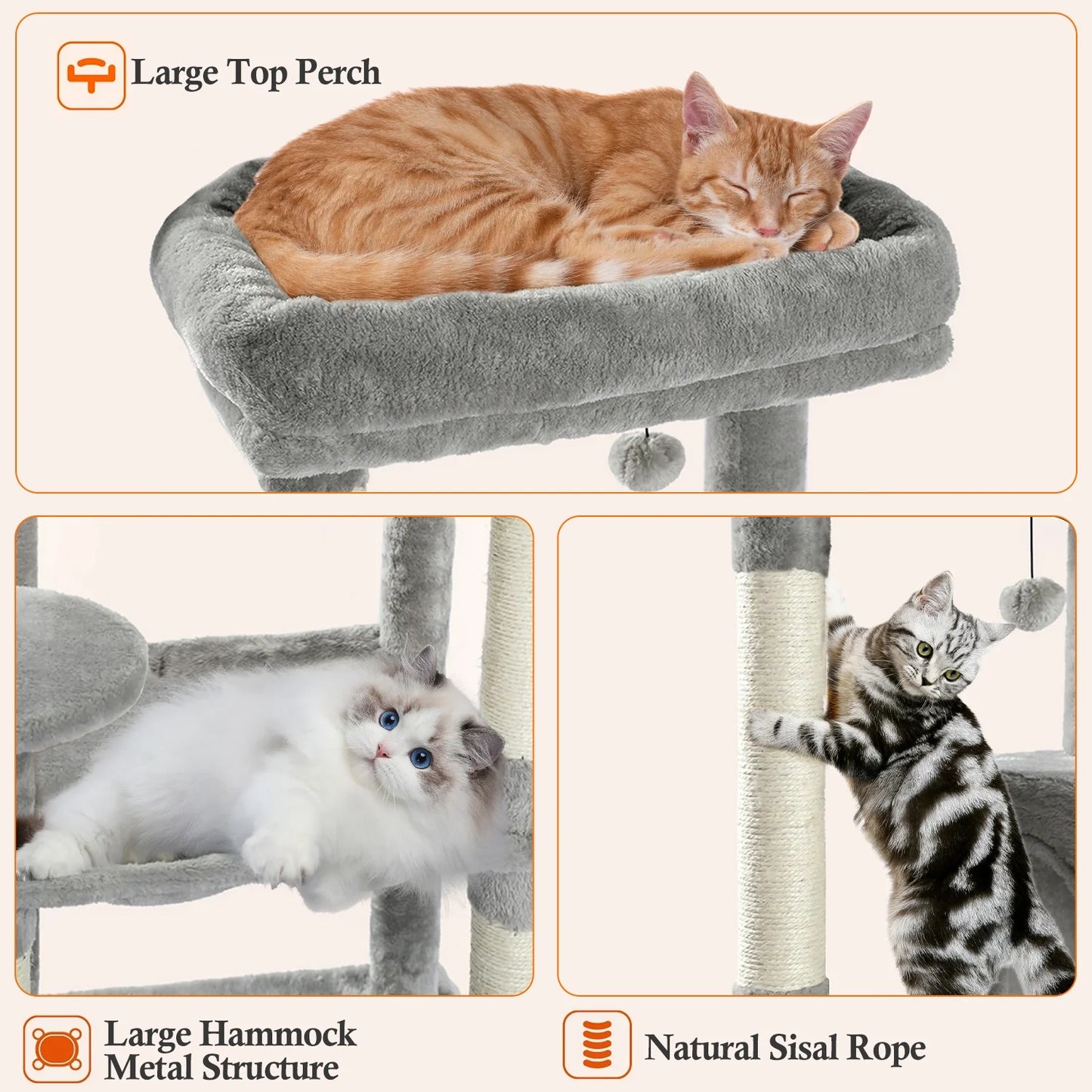 Multi-Level Cat Tree with Sisal Scratching Posts, Spacious Condo, Cozy Hammock, and Plush Perch