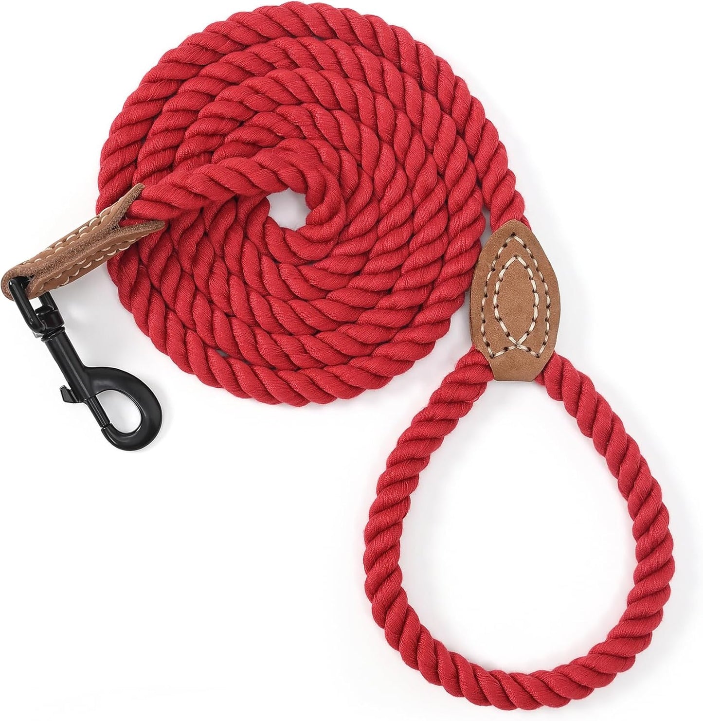 Braided Cotton Rope Dog Leash with Leather Tip - Durable Metal Clasp, 5FT Length, 1/2" Thickness - Perfect for Medium to Large Breeds (Red)