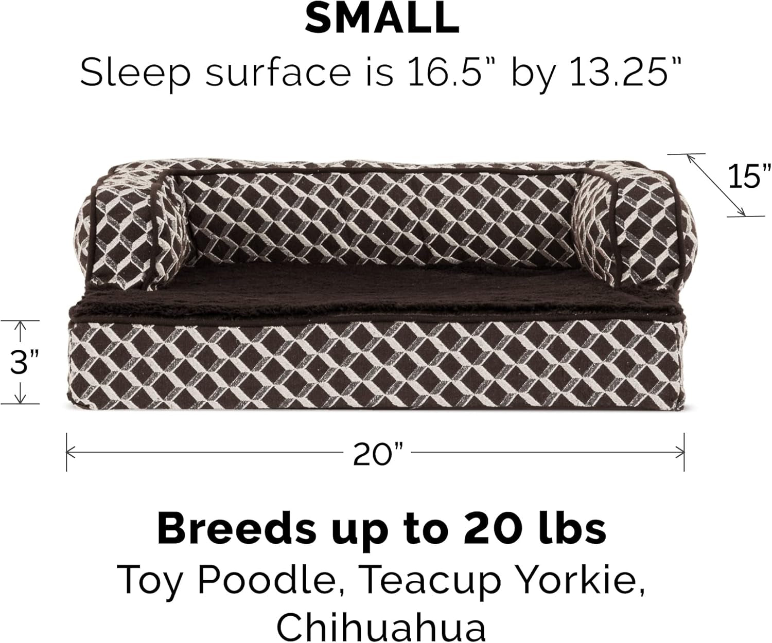 Orthopedic Dog Bed for Small Dogs W/ Removable Bolsters & Washable Cover, for Dogs up to 20 Lbs - Plush & Woven Decor Comfy Couch Sofa - Diamond Brown, Small