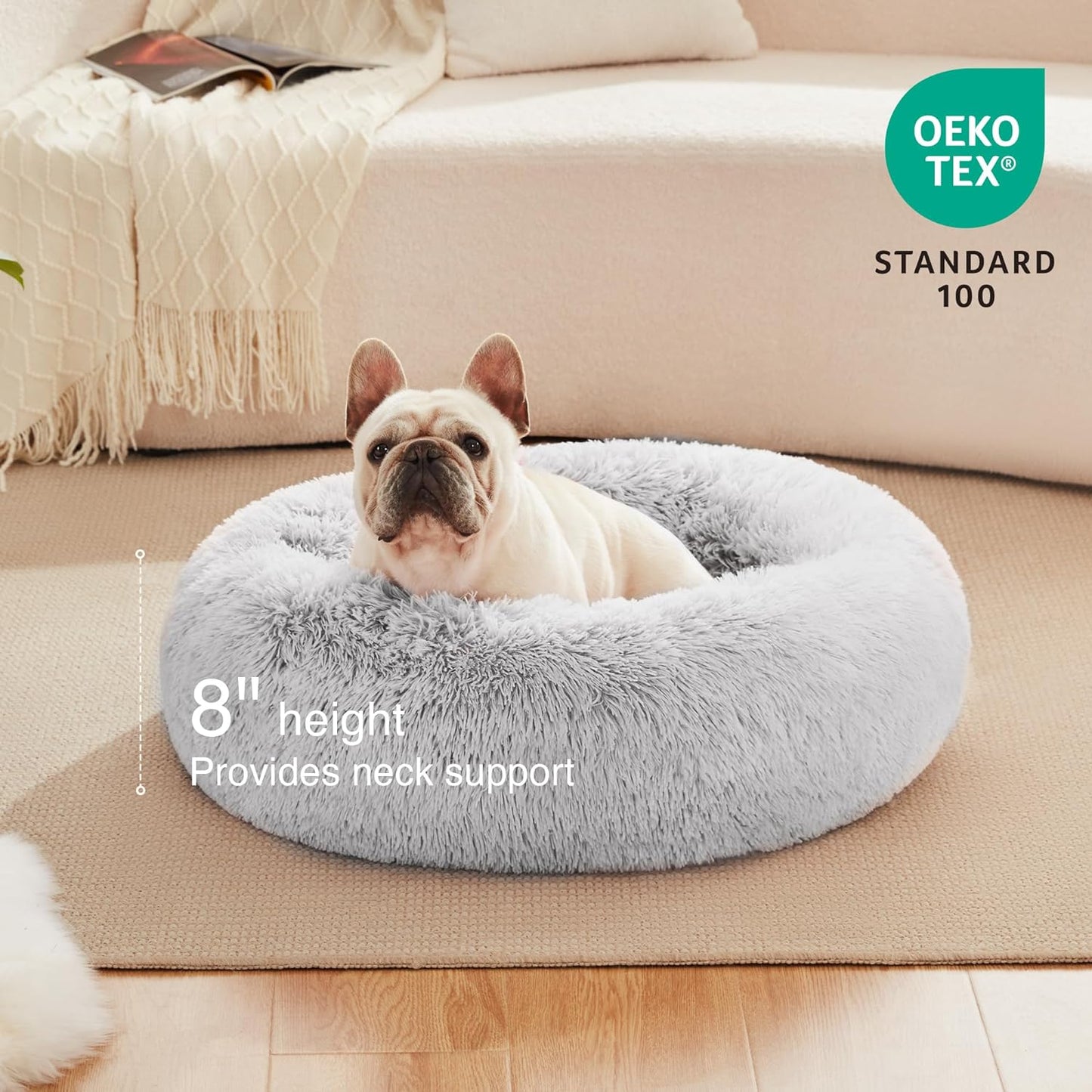 Calming Donut Pet Bed for Indoor Cats and Small to Medium Dogs, Anti-Anxiety Design, Fluffy Faux Fur, Washable, Grey, 24 Inches