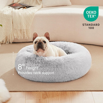 Calming Donut Pet Bed for Indoor Cats and Small to Medium Dogs, Anti-Anxiety Design, Fluffy Faux Fur, Washable, Grey, 24 Inches
