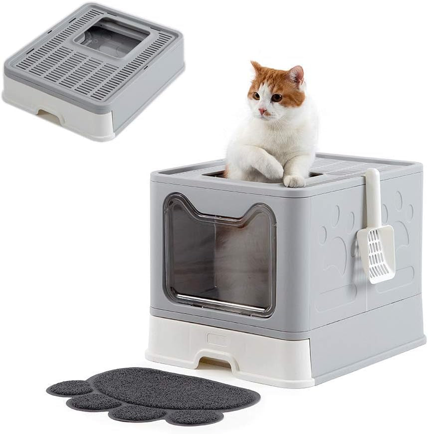 Foldable Cat Litter Box - Top Entry/Front Entry Large Enclosed Litter Box with Cat Litter Scoop, Gray