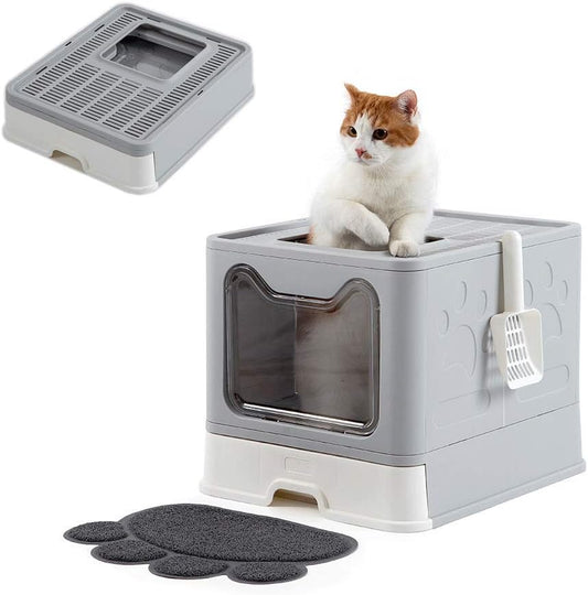 Foldable Cat Litter Box - Top Entry/Front Entry Large Enclosed Litter Box with Cat Litter Scoop, Gray