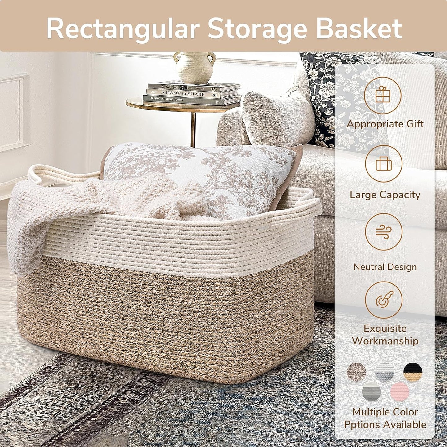 Large Woven Blanket Basket, 21.6" X 14.9" X 11.8" Storage Baskets for Organizing, Rectangle Cotton Rope Toy Basket for Living Room, Bedroom, White & Brown