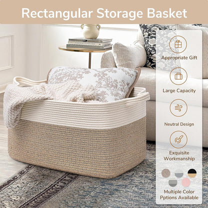 Large Woven Blanket Basket, 21.6" X 14.9" X 11.8" Storage Baskets for Organizing, Rectangle Cotton Rope Toy Basket for Living Room, Bedroom, White & Brown