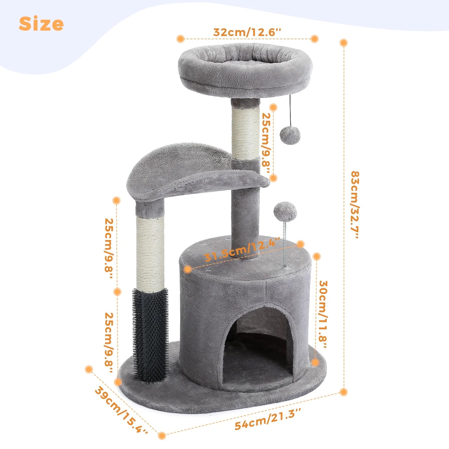 32.7-Inch Gray Cat Tree - Space-Saving Cat Tower with Scratching Posts, Condo, and Self-Grooming Toy