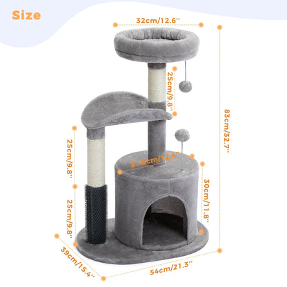 32.7-Inch Gray Cat Tree - Space-Saving Cat Tower with Scratching Posts, Condo, and Self-Grooming Toy
