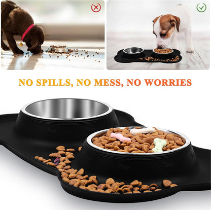 Dog Bowls, Dog Food Bowls, Stainless Steel Cat Puppy Water Bowls with Non Spill Skid Resistant Silicone Mat, Large, Black