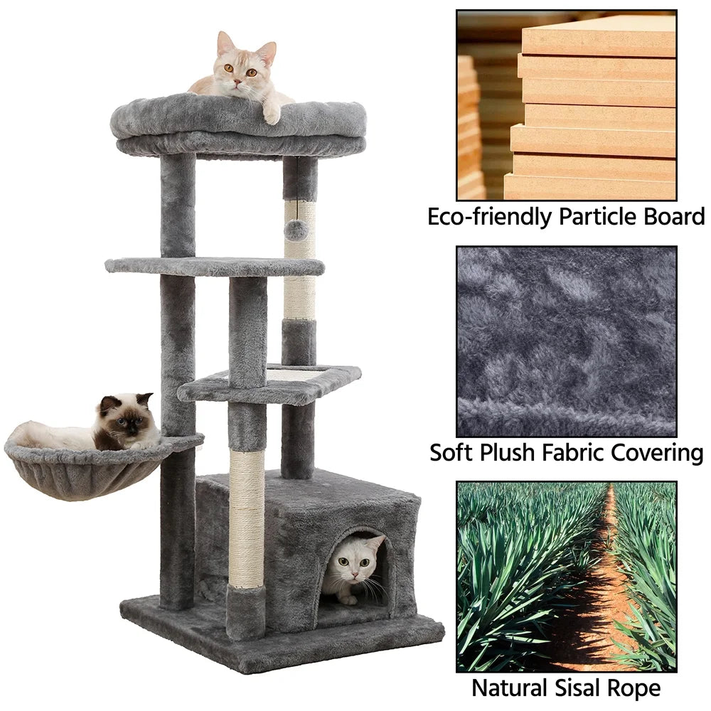 Multi-Level Cat Tree with Sisal Scratching Posts, Spacious Condo, Cozy Hammock, and Plush Perch