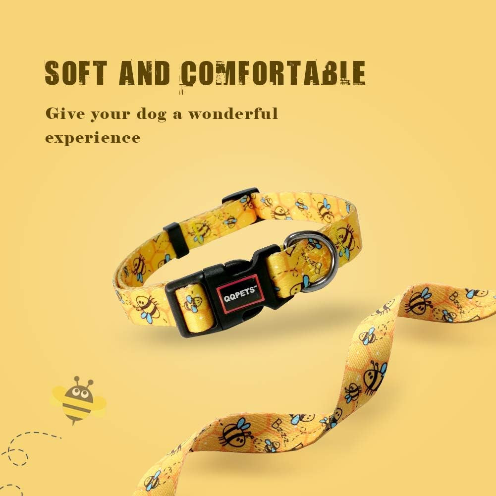 Adjustable Soft Dog Collar: Print Flower Pink Multicolor Cute Patterns for XS Small Medium Large Pet Girl Boy Puppy Walking Running Training (M, Yellow Bee)