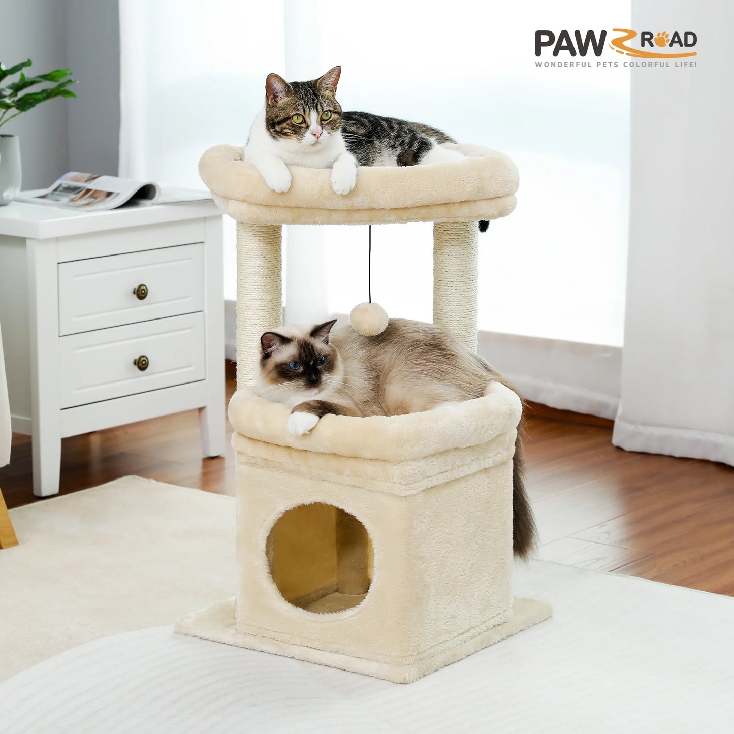 27-Inch Beige Plush Cat Tree with Condo and Scratching Posts for Medium Cats
