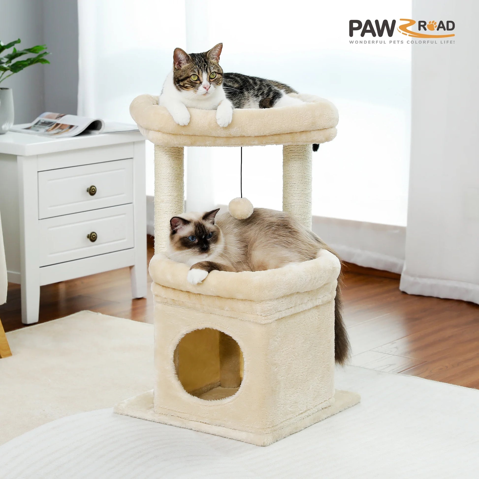 27-Inch Beige Plush Cat Tree with Condo and Scratching Posts for Medium Cats