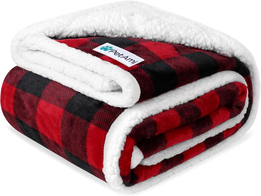 Waterproof Dog Blanket for Medium Large XL Dog Puppy Cat Throw for Couch Cover Leakproof Protection, Sherpa Fleece, Reversible Soft Washable 80X60 Checker Plaid Red