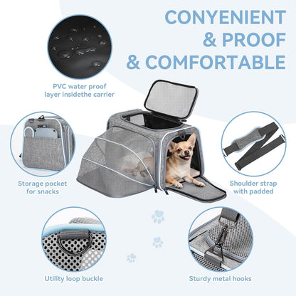 Expandable Cat Carrier Dog Carriers,Airline Approved Soft-Sided Portable Pet Travel Washable Carrier for Kittens,Puppies,Removable Soft Plush Mat and Pockets,Locking Safety Zippers