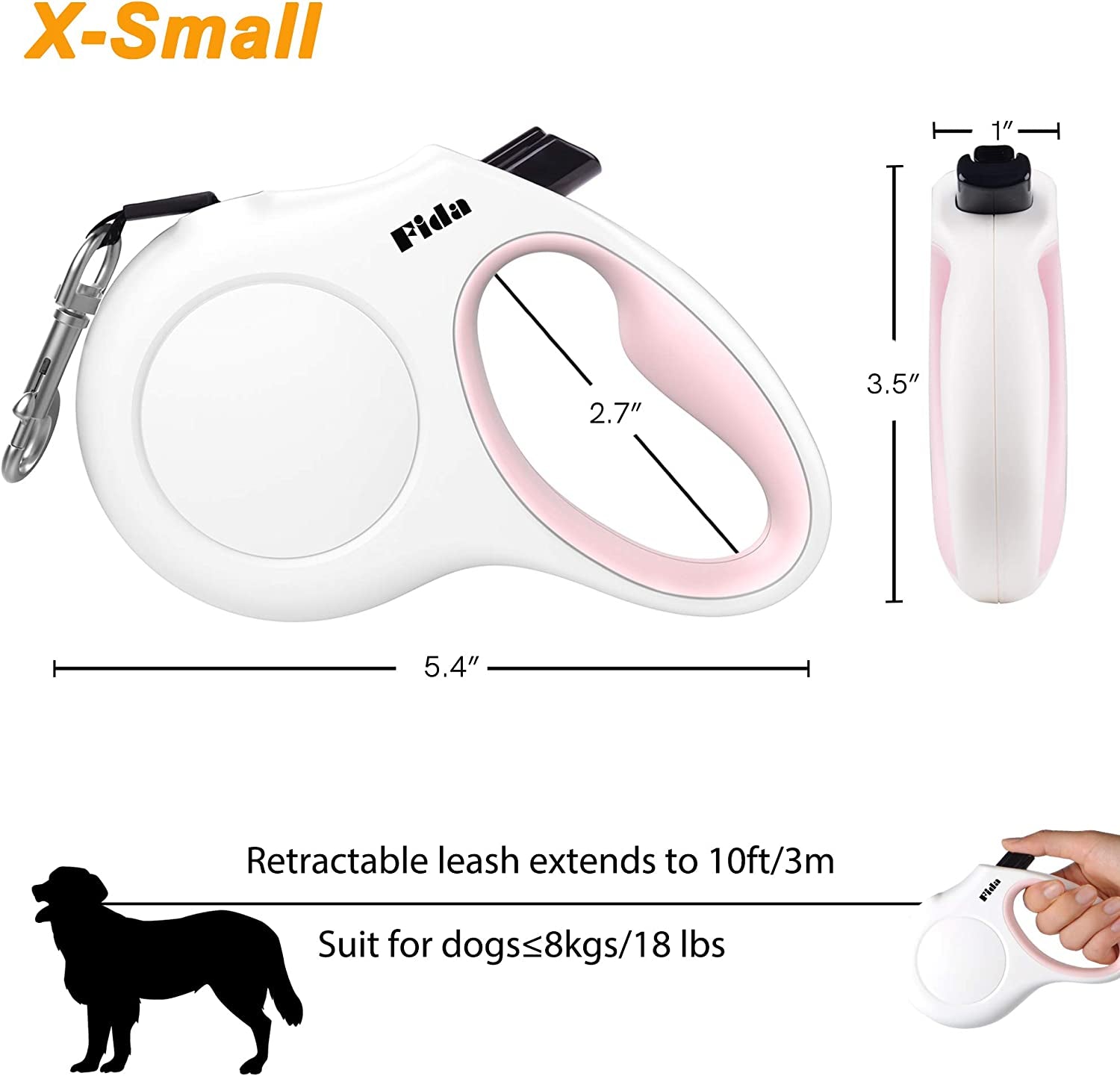 Retractable Dog Leash with Waste Bag Dispenser for Pets Up to 18 lbs, 10 ft Length, Anti-Slip Handle, Tangle-Free Design, and Reflective Nylon - White