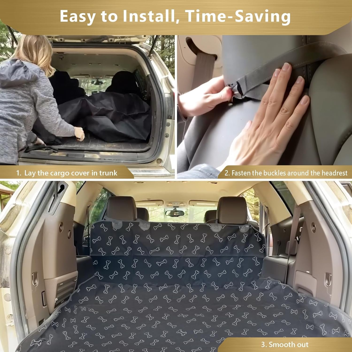 SUV Cargo Liner for Dogs, Water Resistant Pet Cargo Cover Dog Seat Cover Mat for Suvs Sedans Vans with Bumper Flap Protector, Non-Slip, Large Size Universal Fit, Bone