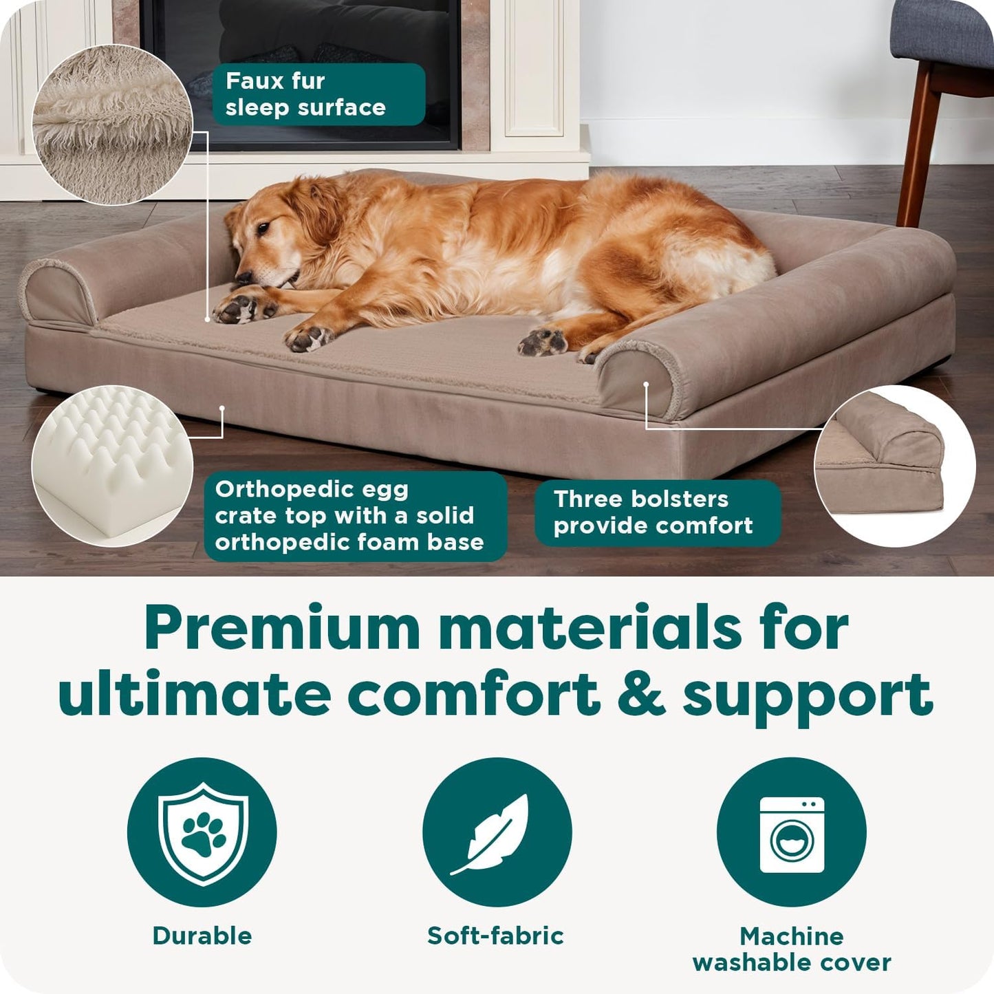 Orthopedic Dog Bed for Large Dogs W/ Removable Bolsters & Washable Cover, for Dogs up to 95 Lbs - Luxe Faux Fur & Performance Linen Sofa - Woodsmoke, Jumbo/Xl