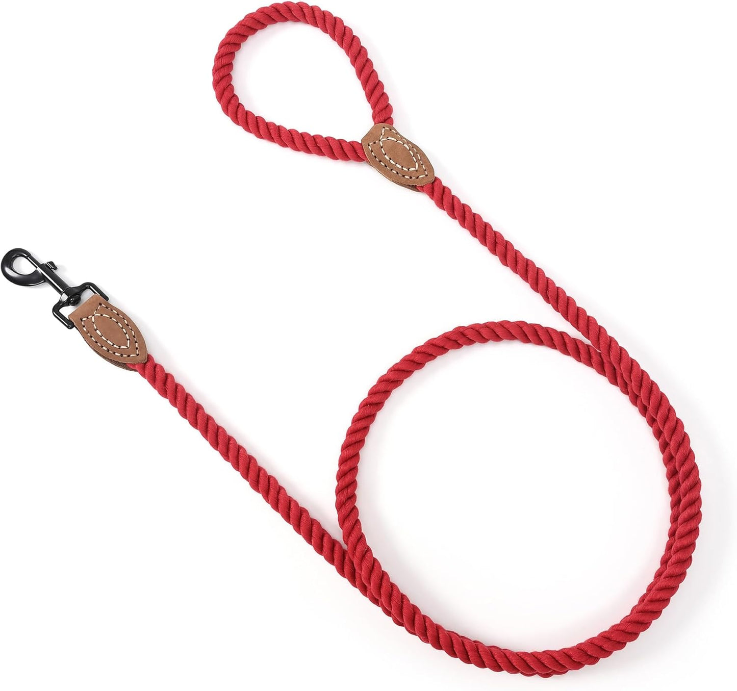 Braided Cotton Rope Dog Leash with Leather Tip - Durable Metal Clasp, 5FT Length, 1/2" Thickness - Perfect for Medium to Large Breeds (Red)
