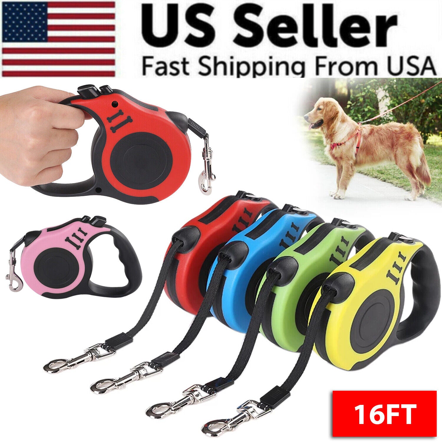 16.5FT Automatic Retractable Dog Leash with Pet Collar - Hands-Free Walking Solution, Free Shipping in the United States
