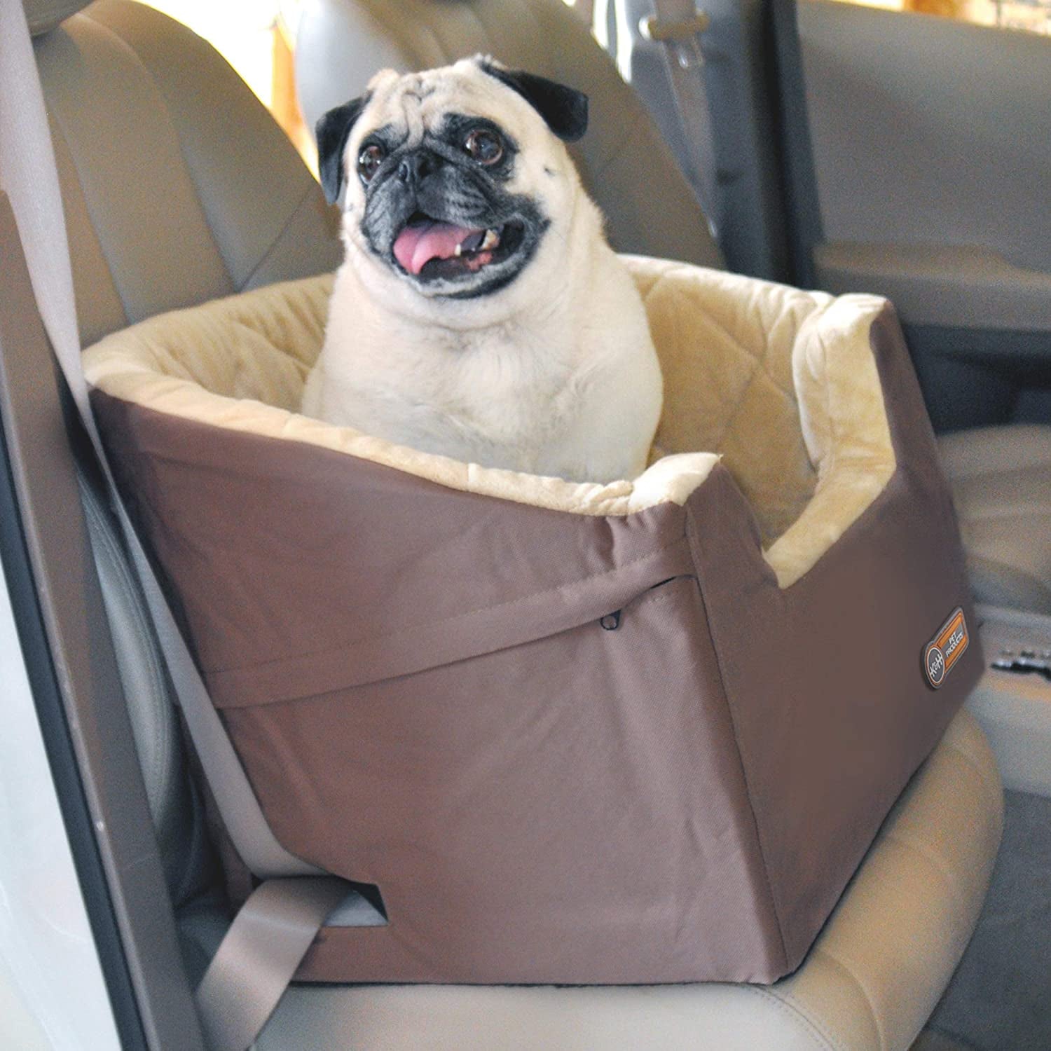 Bucket Booster Dog Car Seat, Washable Cat & Dog Car Seat, Sturdy Booster for Small to Medium Pets, 2 Safety Leashes, Large Tan/Tan