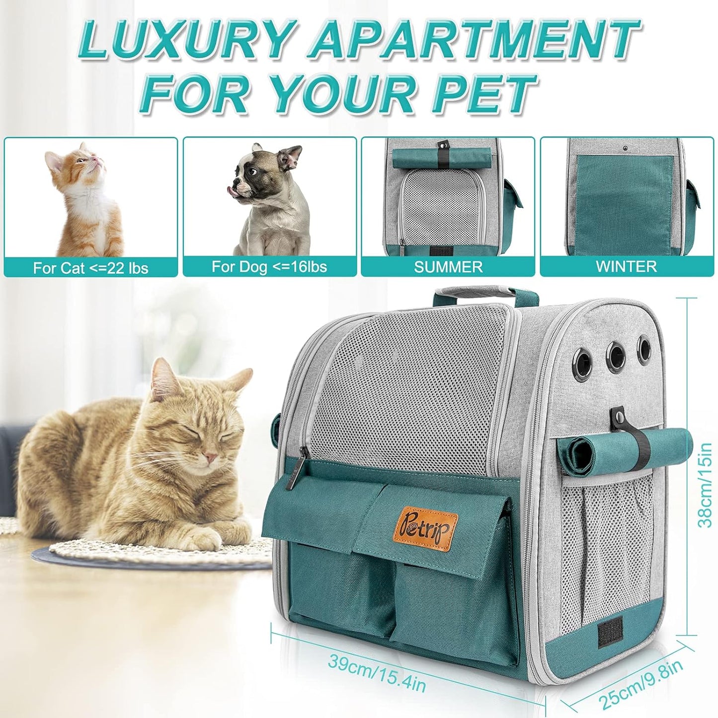 Pet Backpack Carrier for 20 Lbs Cats Small Dogs, Expandable Cat Backpack with Super Ventilated Design, Safety Straps, Buckle Support, Airline Approved Collapsible Dog Backpack