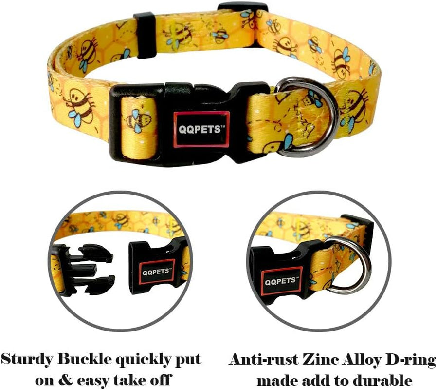 Adjustable Soft Dog Collar: Print Flower Pink Multicolor Cute Patterns for XS Small Medium Large Pet Girl Boy Puppy Walking Running Training (M, Yellow Bee)
