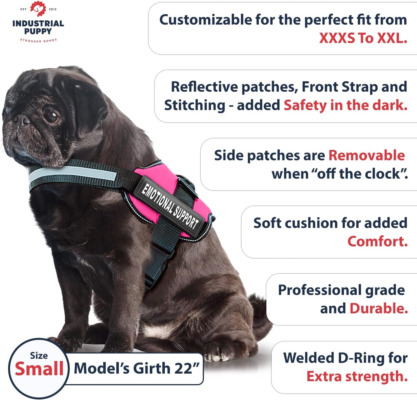 Heavy Duty Emotional Support Dog Vest Harness with Reflective Straps, Interchangeable Patches & Top Handle - ESA Vest in 8 Sizes, Durable Service Dog Harness for Working and Support Dogs