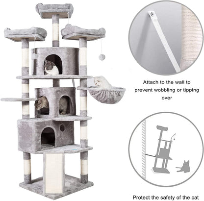 XL Size Cat Tree, 73.4 Inch Cat Tower with 3 Caves, 3 Cozy Perches, Scratching Posts, Board, Activity Center Stable for Kitten/Gig Cat, Light Gray MPJ032W