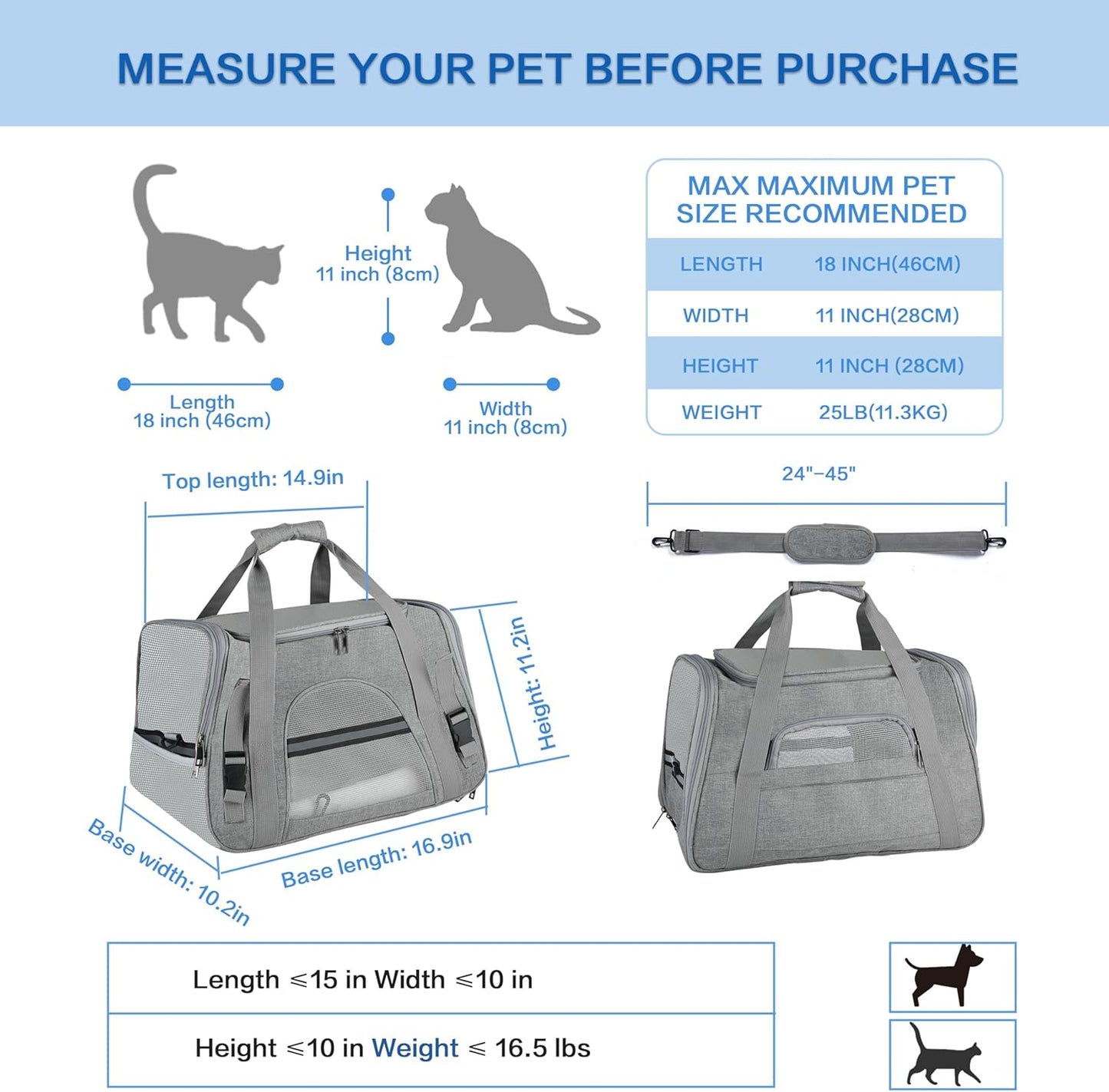 Pet Travel Carrier Soft Sided Portable Bag for Cats, Small Dogs, Kittens or Puppies, Collapsible, Durable, Airline Approved, Travel Friendly (Grey, 17.0" L X 10.0" W X 11.0" H) (Grey)