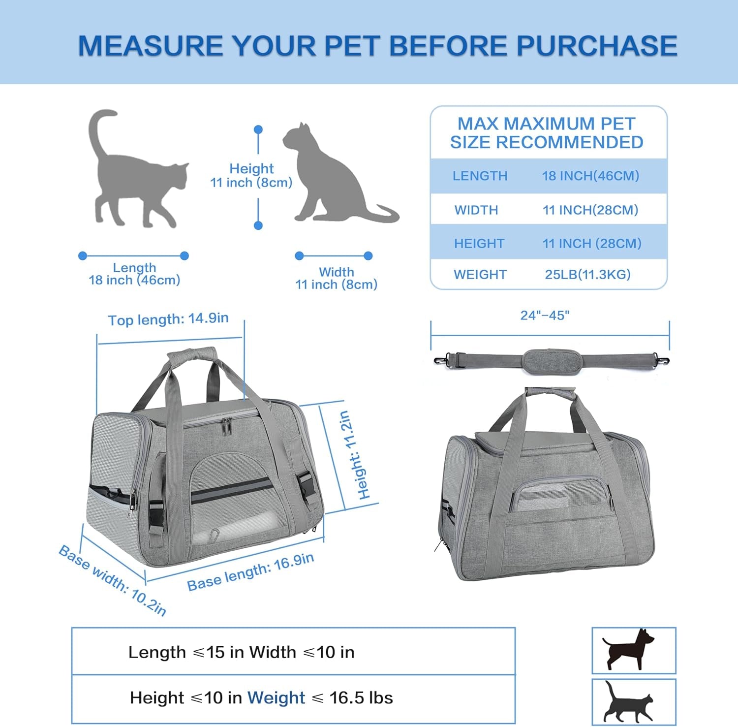 Pet Travel Carrier Soft Sided Portable Bag for Cats, Small Dogs, Kittens or Puppies, Collapsible, Durable, Airline Approved, Travel Friendly (Grey, 17.0" L X 10.0" W X 11.0" H) (Grey)