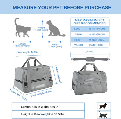 Pet Travel Carrier Soft Sided Portable Bag for Cats, Small Dogs, Kittens or Puppies, Collapsible, Durable, Airline Approved, Travel Friendly (Grey, 17.0" L X 10.0" W X 11.0" H) (Grey)