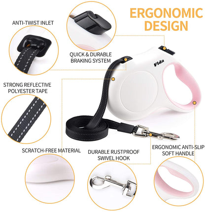 Retractable Dog Leash with Waste Bag Dispenser for Pets Up to 18 lbs, 10 ft Length, Anti-Slip Handle, Tangle-Free Design, and Reflective Nylon - White