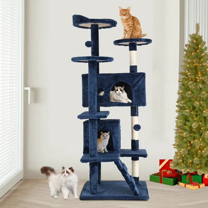54-Inch Double Condo Cat Tree Tower with Scratching Post and Perch for Indoor Use in Navy Blue